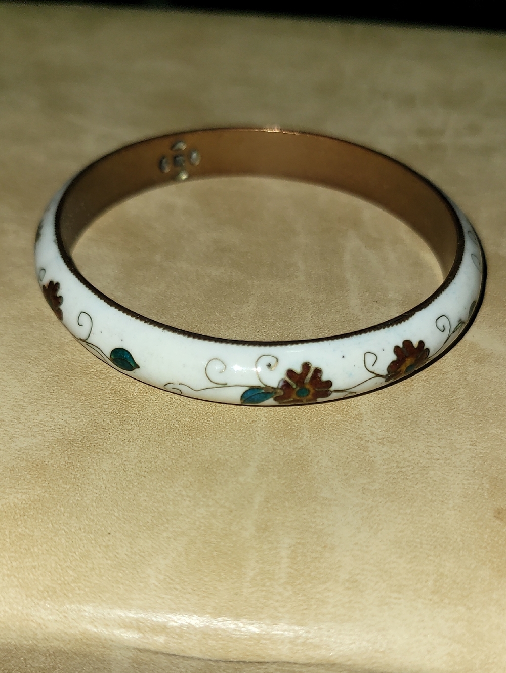 Vintage. White Cloisonné Bracelet with Brown Flowers and Teal Leaves